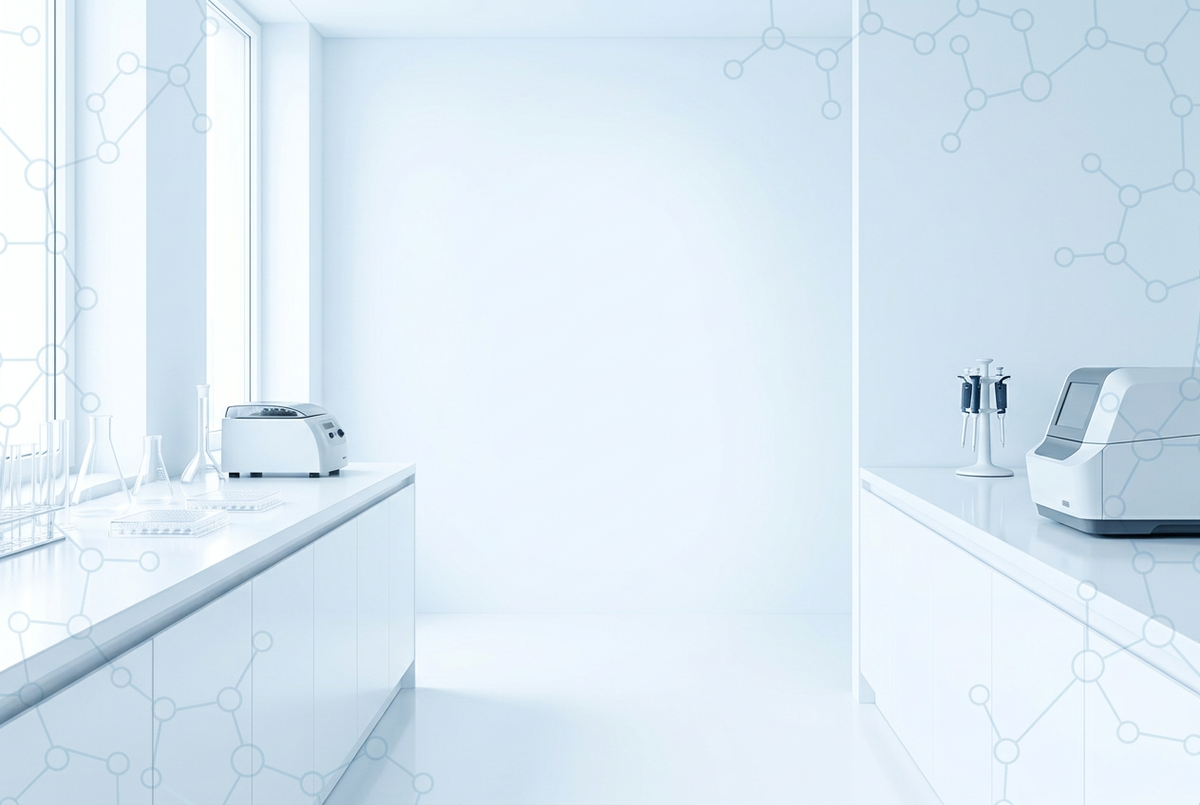 Clean white laboratory background with subtle molecule details